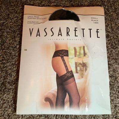 Vassarette lace trim garter stockings, color black, size: S