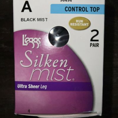 Leggs 2 Pair Womens Pantyhose Black Mist Silken Mist Control Top Run Resist ~ A