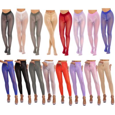 Women Oil Glossy Footed Pantyhose Sheer Dance Tights Zipper Shimmery Stockings