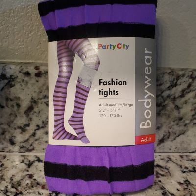 Party City Fashion Tights Bodywear??Purple & Black Strips Adult Medium/Large NIP
