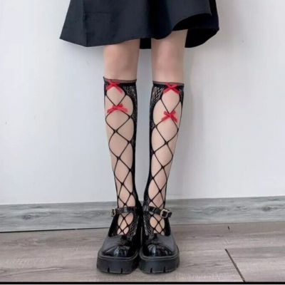 NIP Two Pack Sexy Gothic Lolita Black Crochet Fishnet Red Bow Knee High...