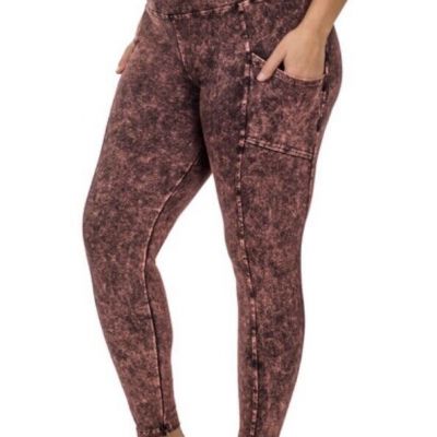 ZENANA MINERAL WASH WIDE WAISTBAND FULL LENGTH LEGGINGS Rust Brown Size 2X