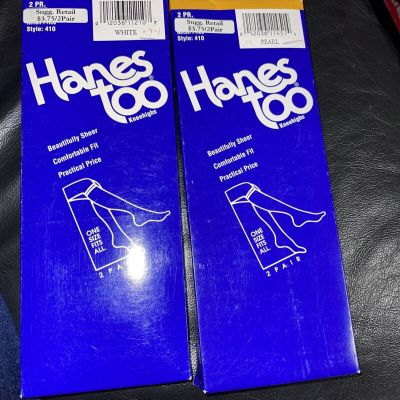Hanes Too Kneehighs Two Pairs Beautifully Sheer Style 410 White & Pearl Lot Of 2