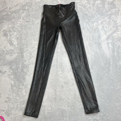Spanx Faux Leather Leggings Womens Small Black Shiny Vegan High Rise Satin