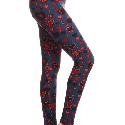 Red & Black Heart Print Leggings Full Length Slim Fit Style Wide Band High Waist