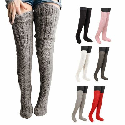 2 Pairs Women Long Socks Warm Over Knee High Wool Knitted Thick Stockings Thigh
