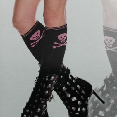 Black Pink Opaque Knee High Socks Stockings Knitted Crossbone Skull Design O/S