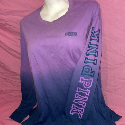 Victoria Secret PINK Ombre Bright Tie Dye Logo Purple  Campus Shirt Tee S New