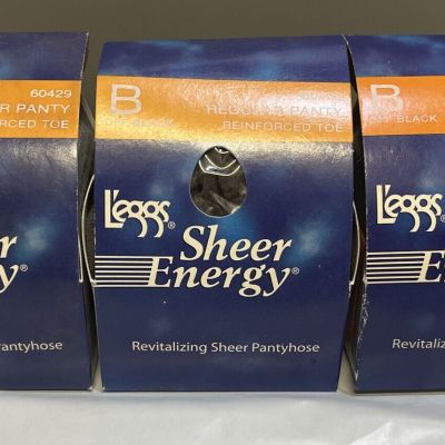 3 Packs L'eggs Leggs Sheer Energy Off Black Reinforced Toe Pantyhose Size B NIB!
