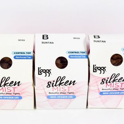 3 L'eggs Silken Mist Control Top Semi-Opaque Pantyhose SUNTAN Size B (Medium)