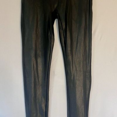 Spanx Black Faux Leather Leggings Size Large Stretch Shiny