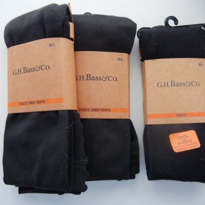 G.H. BASS TIGHTS BLACK M/L LOT OF (3) -TWO FLEECE LINED & ONE PATTERENED