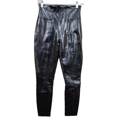 Spanx Faux Liquid Leather Leggings Women's SZ S Small Black Wide Waist Leg Seams