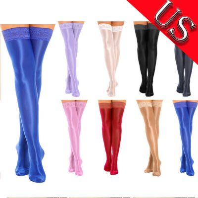 US Women Lace Trim Oil Shiny Thigh High Stocking Glossy Compression Long Socks