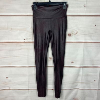 Spanx Leggings Womens Medium Red Burgundy Faux Leather Mid Rise Shiny Pull On
