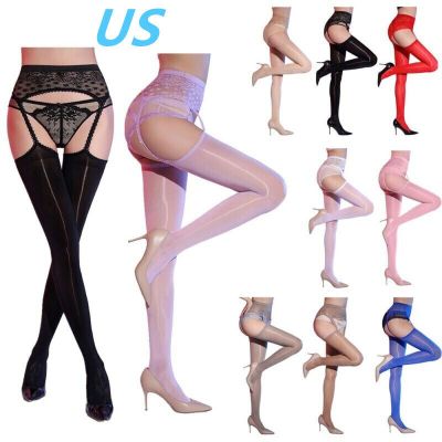 US Womens Lace Sheer Tights Suspender Pantyhose Hollow Out Thigh High Stockings
