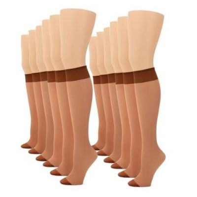 12 Pairs Women's Sheer Knee High - 15D Nylon Stockings with Reinforced Natural