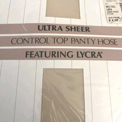 Vtg Pantyhoses Ultra Sheer Control Top Featuring Lycra Size Med/Tall Linen Color