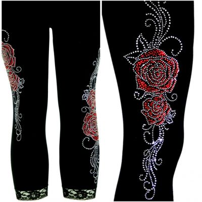 Regular One Size Capri Length Yoga Leggings Embellished Rhinestone Red Roses