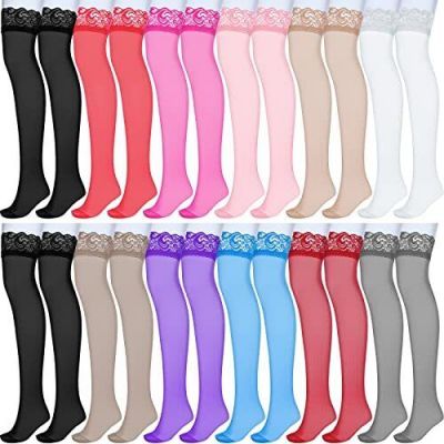 12 Pairs Thigh High Stockings Silicone Lace Top Stockings Semi Sheer Stocking...