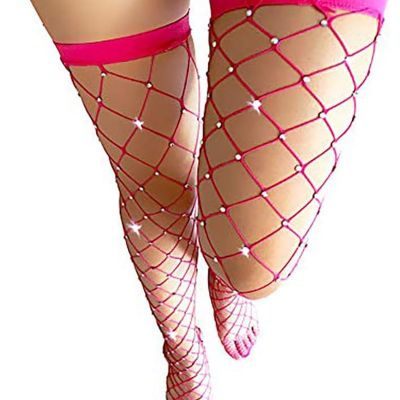 Fishnet Thigh High Stockings Black Sparkle Rhinestone Stay-Up Tights Sexy over K