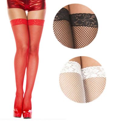 Goth Punk Lace Top Band Solid Color Fishnet Thigh Hi Mesh Stocking Pinup Girl OS