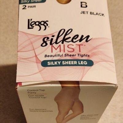 Leggs Silken Mist 2 PAIR JET BLACK B Control Top Silky Sheer Tights 20 Denier