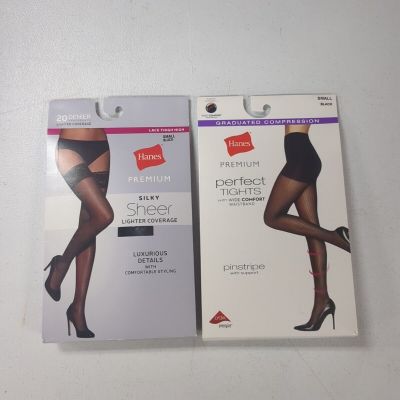 2 Pack - Hanes Premium Women's Pinstripe And Silky Sheer Perfect Tights  Black S