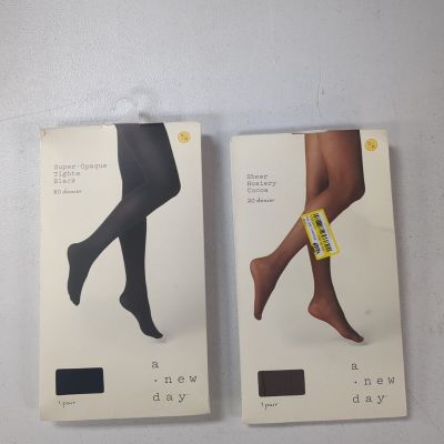 2 Pack- A New Day- Women's 80D Super Opaque Tights Black 20D Sheer Cocoa  S/M