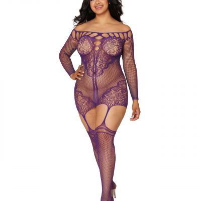 SCALLOPED LACE & FISHNET GARTER DRESS ATTACHED THIGH HIGHS STOCKINGS QUEEN