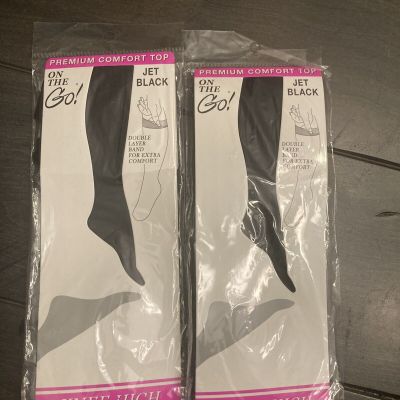 2 Pair Jet Black Knee High Pantyhose Nylon Double Layer Band Premium Comfort