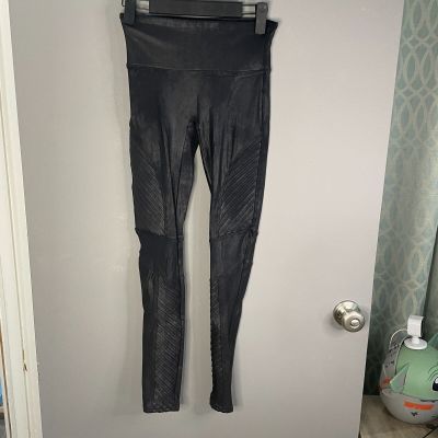 Spanx Womens S Black Nylon Full Length Leggings Faux Leather Moto Style