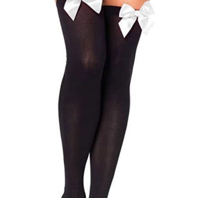 Women's Black Thigh High Stockings WITH Satin Bow Accent, One Size NEW CONDITION
