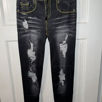 True Rock Distressed Jeans Print Tights Spandex Size Small/Medium Black NWT
