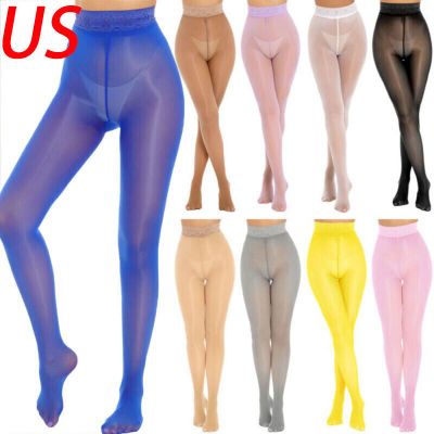 US Womens Shiny Glossy Sheer Stockings Tights Floral Lace Waistband Pantyhose
