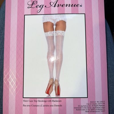 Leg Avenue Women's Sheer Lace Top Stockings with Back Seam White Size One Size