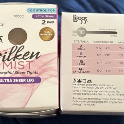 2 Leggs Silken Mist Ultra Sheer Control Top Pantyhose Size Q+ Sun Beige 2 In Ea