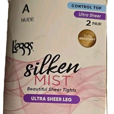 2-Pair ~ L'eggs Silken Mist ~ Sheer Leg ~ NUDE Size A SMALL ~ Control Top Tights