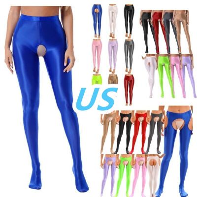 US Womens Glossy Tights Pantyhose Stretchy Open Crotch Seamless Skinny Pants