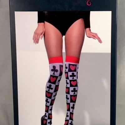 Fever Hosiery opaque white hold-ups thigh highs black red poker pattern o/s NIB