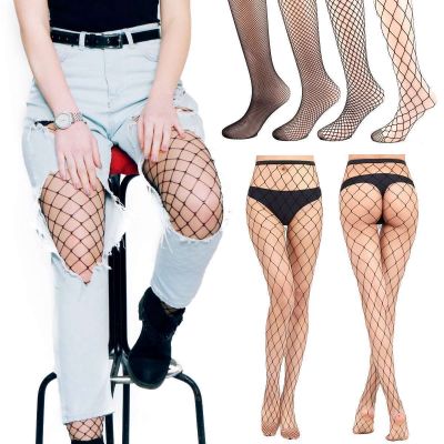 Women High Waist Pantyhose Fishnet Stockings Mesh Tights Thigh High Socks Black