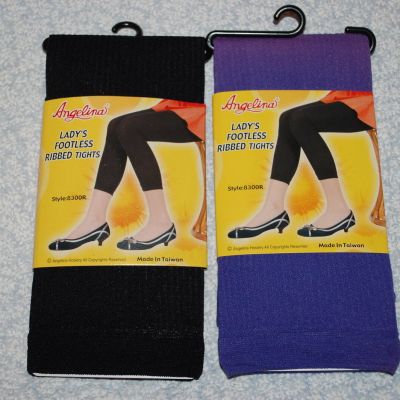 Womens FOOTLESS RIBBED TIGHTS 2 Pair Lot BLACK & GRAPE PURPLE One Size Fits Most