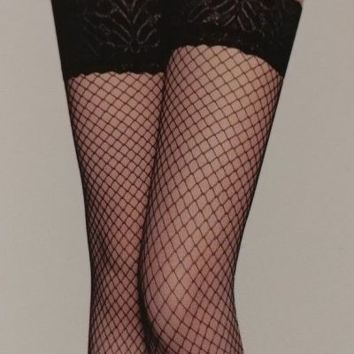 Nylon & Spandex Fishnet & Lace Net Thigh High Stay Up Stockings Red or Black S M
