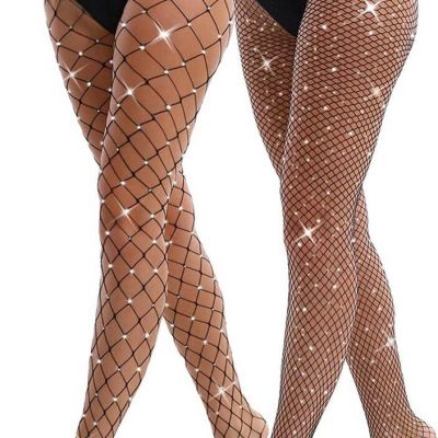 VEBZIN 2 Pack Sparkly Large And Medium Mesh Fishnet Tights For Women Sexy Glitte