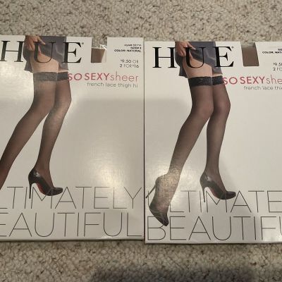 New LOT 2 HUE SO SEXY Sheer French Lace Top Thigh Hi Stockings Size 2 Natural