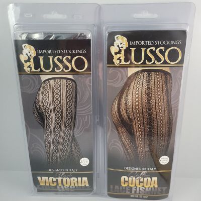 LUSSO IMPORTED COFFEE COCOA LACE & BLACK VICTORIA FINE FISHNETS STOCKINGS ONE SZ