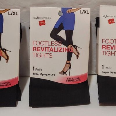HANES FOOTLESS REVITALIZING BLACK TIGHTS (SUPER OPAQUE) - SIZE L/XL - SET OF 3