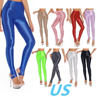 US Women's Shiny Glossy Stirrup Tights Pants Step on Foot Yoga Stretchy Pants