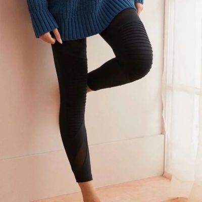 Aerie Chill Play Move Mid-Rise Moto Rib Textured Mesh Leggings Womens S Black