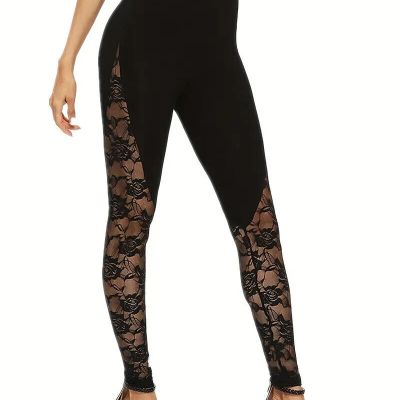 Plus Size Solid Lace Black Roses infused Skinny Sheer Stretchy Womans Leggings